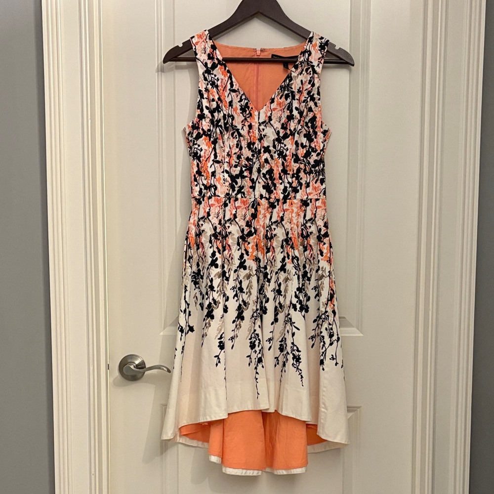 White House Black Market Floral High Low Dress - Black, Orange, and Cream